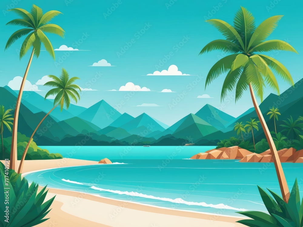 A serene depiction of a tropical coastline featuring turquoise waters and swaying palm trees by ai generated