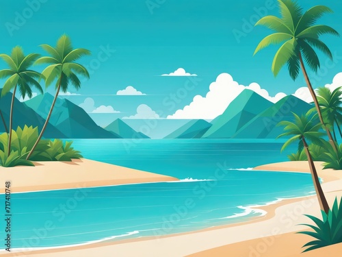 A serene depiction of a tropical coastline featuring turquoise waters and swaying palm trees by ai generated © Ai creative universe
