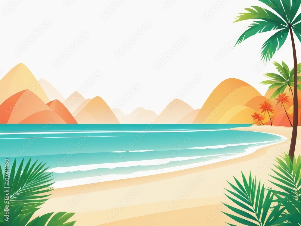 A summer-themed background featuring a beach scene with palm leaves gracefully placed in the corners by ai generated