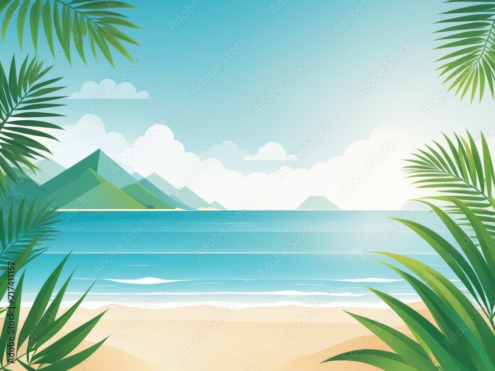 A summer-themed background featuring a beach scene with palm leaves gracefully placed in the corners by ai generated