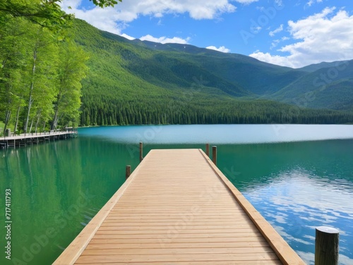 A wooden dock overlooking a serene lake in the background by ai generated