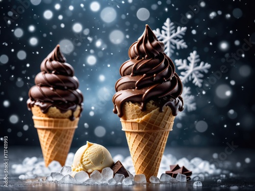 An advertisement featuring a chocolate vanilla ice cream cone adorned with ice cubes and snowflakes by ai generated