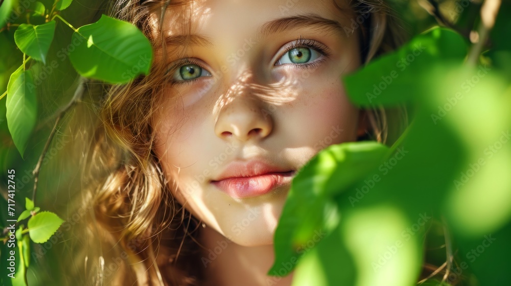 Portrait of a Little Girl on Green Nature, Nature Lover, Environmental Conservation Portrait of a Little Girl on Green Nature, Nature Lover, Environmental Conservation