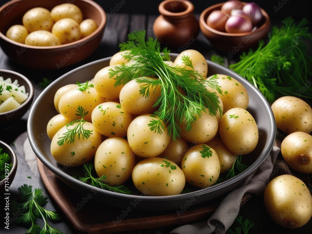 Freshly boiled young potatoes garnished with dill, parsley, and onions by ai generated