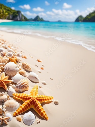 Starfish and shells scattered on the sandy shore, with a paradisiacal beach in the background by ai generated