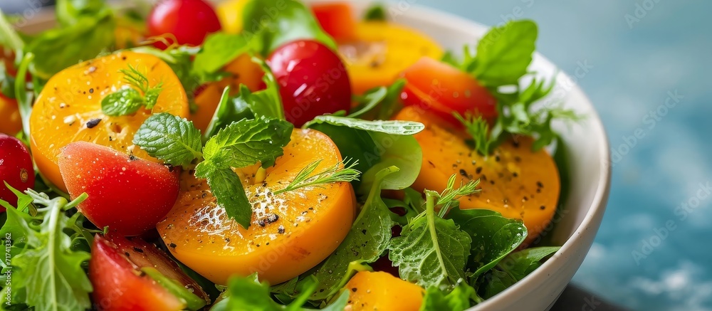 Fruit and green salad with fresh persimmon and mint. Fruit and green salad with fresh persimmon and mint.