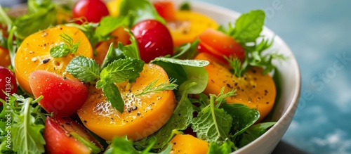 Fruit and green salad with fresh persimmon and mint.