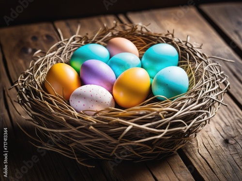 Vibrantly colored Easter eggs nestled inside a nest placed on a wooden table by ai generated