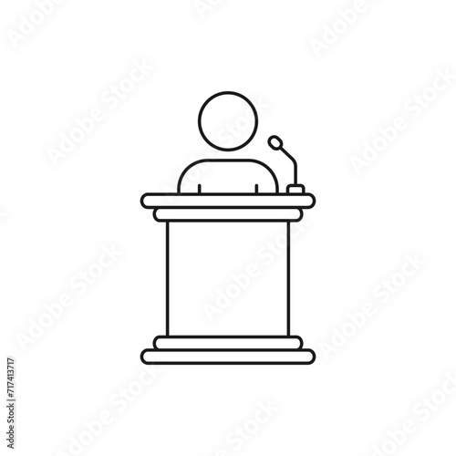 Man speech on podium. Male speaker icon line style isolated on white background. Vector illustration