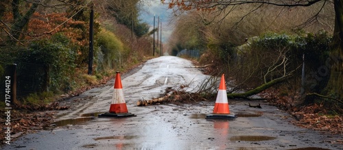 Road closure due to fallen trees and power cables signaled by two traffic cones after strong winds. photo