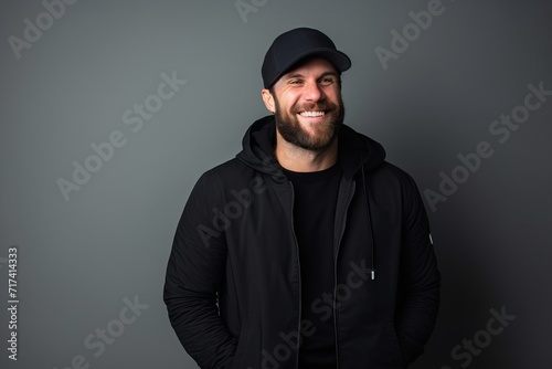 Handsome man wearing a cap and jacket on a grey background