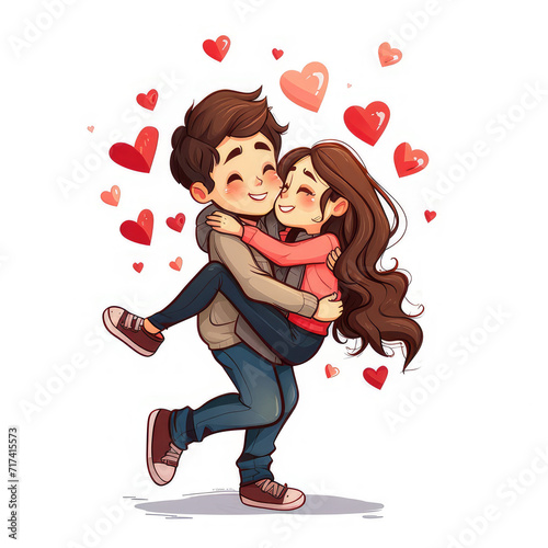 heartfelt embrace, isolated white background. young animated couple with hearts illustration perfect for valentine's day, romantic greeting cards, and loving celebrations 
