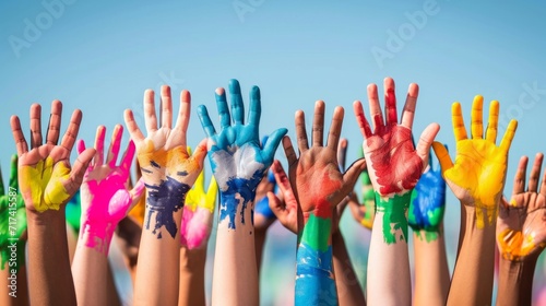 International human rights day, diverse hands raised up together. Capturing the diverse voices, actions, and aspirations that contribute ongoing of building a more just and equitable global society photo