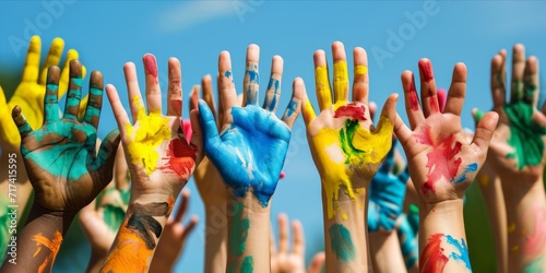International human rights day, diverse hands raised up together. Capturing the diverse voices, actions, and aspirations that contribute ongoing of building a more just and equitable global society photo