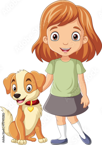 Cartoon little girl with her dog