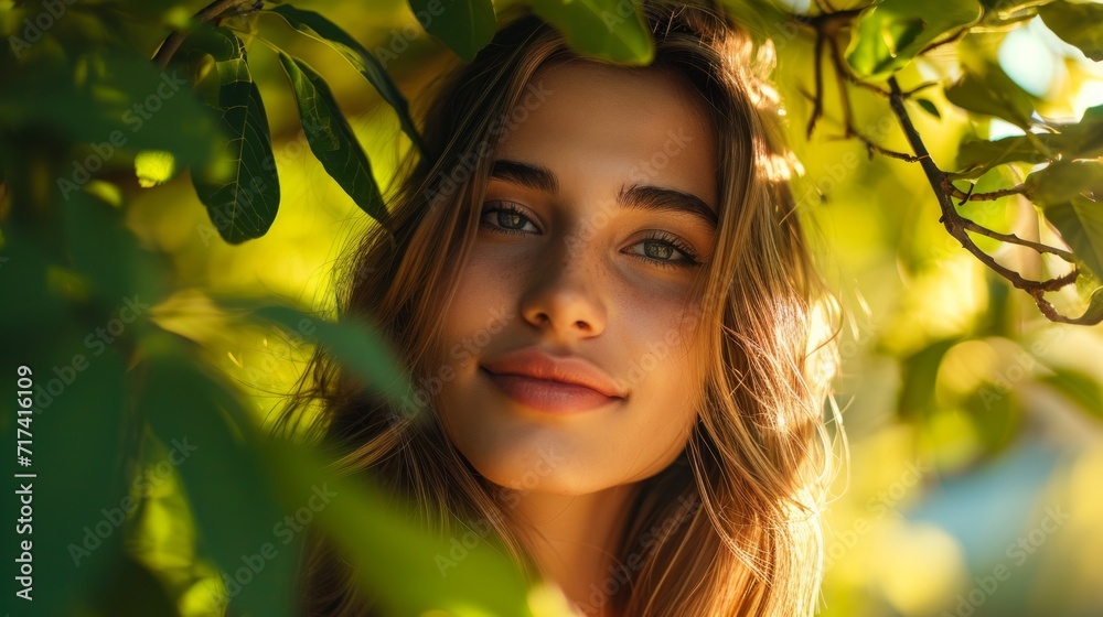 Beautiful Woman with a Radiant Smile in a Lush Green Nature, Embracing the Beauty of Nature on a Summer Day Beautiful Woman with a Radiant Smile in a Lush Green Nature, Embracing the Beauty of Nature on a Summer Day