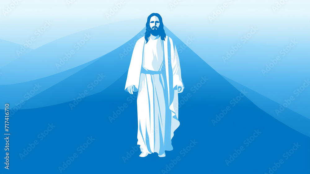 2d graphics of Jesus Christ in blue and white tones. Flat image. Religious background.