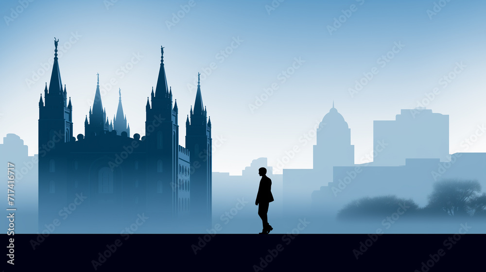 Obraz premium LDS Mormon temple design in blue tones. Flat graphic of The Church of Jesus Christ of Latter-day Saints