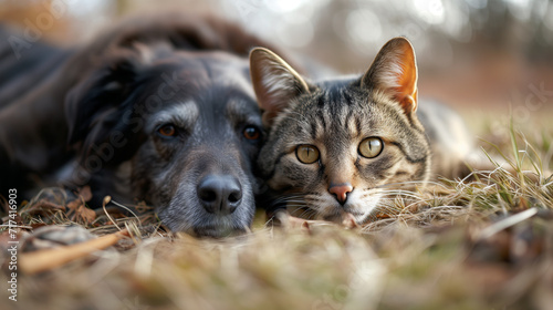 Old dog and cat resting next to each other on a farm while laying in hay.