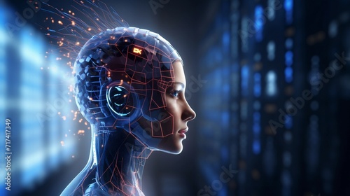 Female Robot Analyzing Big Data. Futuristic Digital Mind Interface. Neon Circuitry. AI Generated