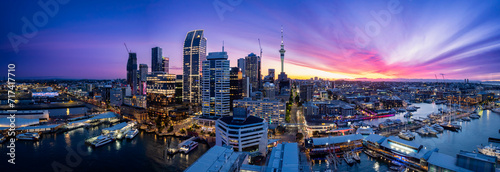 Panoramic view of Auckland city skyline and waterfront at dusk #717417710