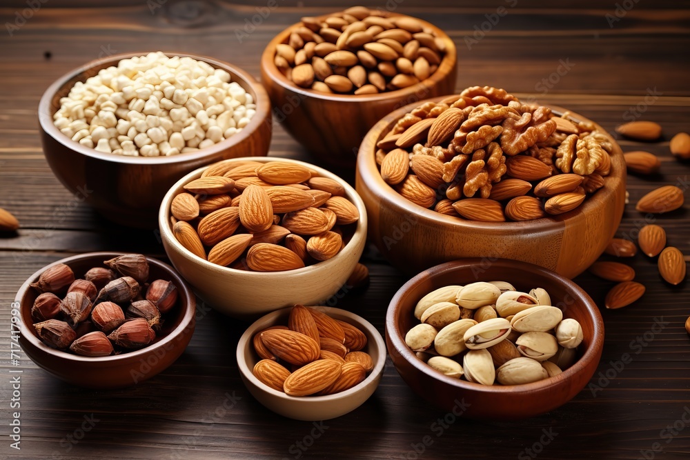 Row of various kinds of almonds on a wooden table. generative ai Row of various kinds of almonds on a wooden table. generative ai