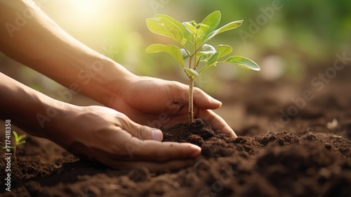 Closeup of a persons hands tenderly planting a young sapling in a newly developed green space.