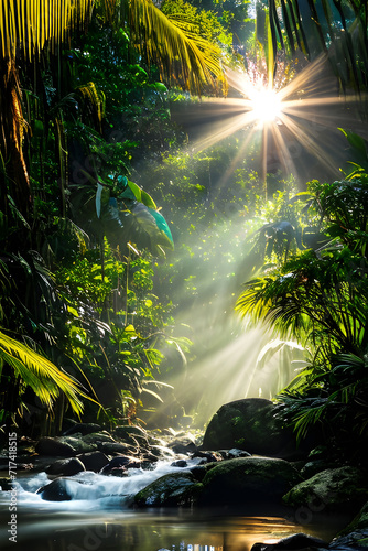 Enchanted River Jungle Twilight Symphony with Sunbeams and Bokeh