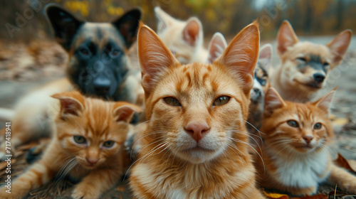 Fototapeta Naklejka Na Ścianę i Meble -  Group of stray and homeless cats in a group.