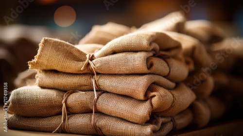 Detailed look at a burlap sack made from recycled materials in sustainable textile production. photo