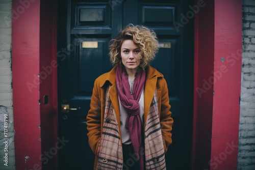 young beautiful hipster woman with curly blond hair in yellow coat in the city