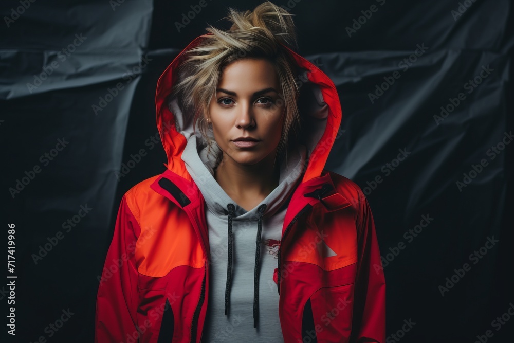 Portrait of a girl in a red jacket on a black background Portrait of a girl in a red jacket on a black background