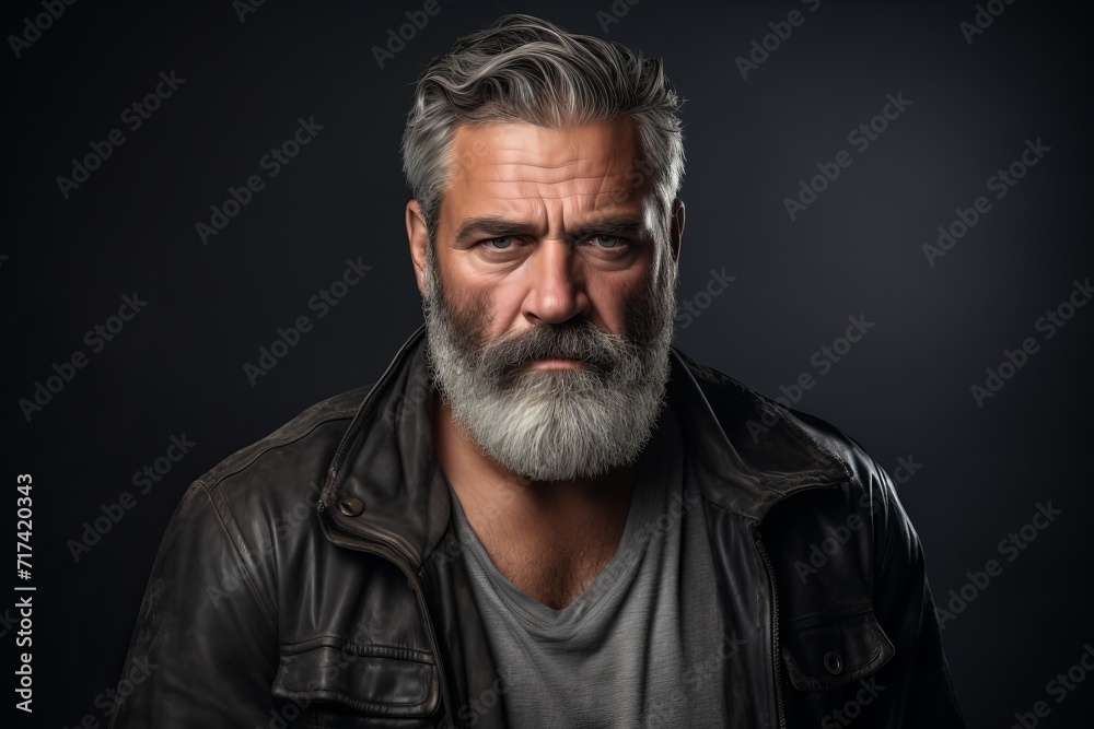 Portrait of a bearded man in a leather jacket over dark background.