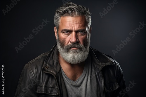 Portrait of a bearded man in a leather jacket over dark background.