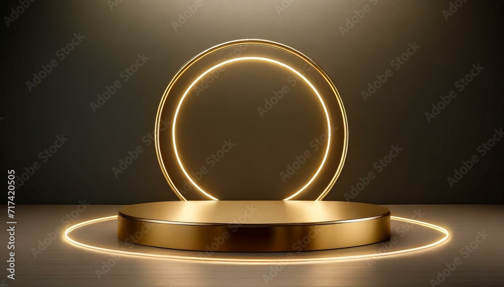 a minimalist gold podium with an empty neon-lit circular frame, perfect for showcasing products with a touch of elegance and modernity.