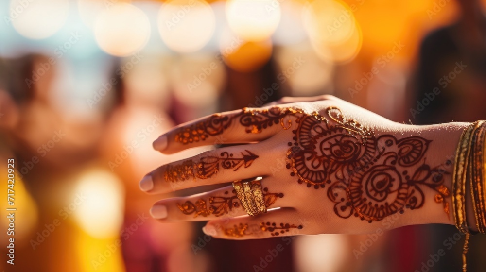 Closeup of intricate henna designs on a hand at a cultural celebration. Closeup of intricate henna designs on a hand at a cultural celebration.