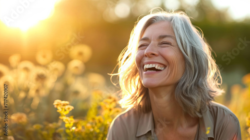 A senior woman laughing amidst sunflowers at sunset, epitomizing the beauty of enjoying life's simple pleasures – this image is AI Generative. #717420907