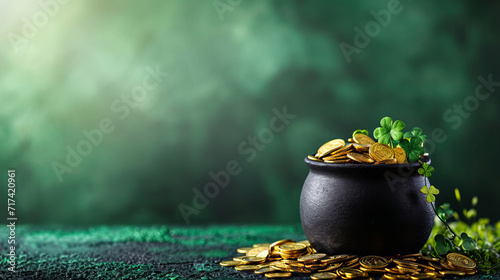 A cauldron of gold coins and green clovers, a representation of AI generative art. photo