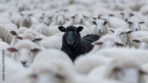 One black sheep surrounded by white ones  symbolizing difference and individualism     this image is AI Generative.