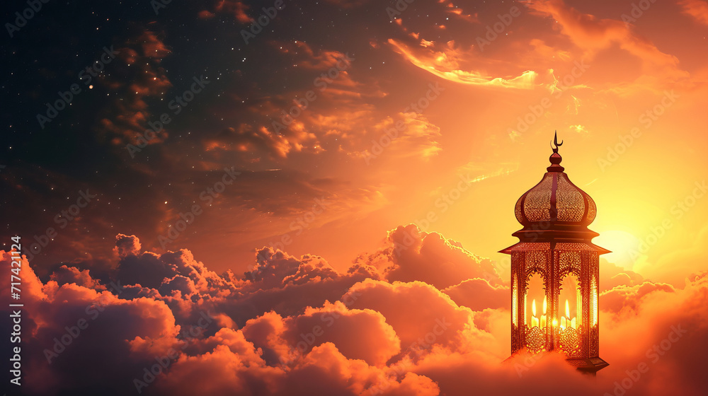 The setting sun casts a warm glow on a lantern, representing the reflective time of Ramadan is AI Generative.