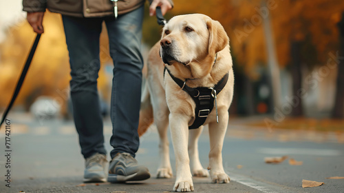 A devoted service dog guides its owner along a tree-lined city street, epitomizing trust and companionship is AI Generative.
