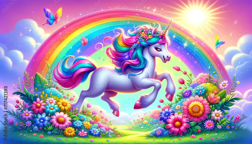 Majestic Unicorn Among Blooming Flowers.
A smiling unicorn surrounded by colourful flowers under a rainbow.