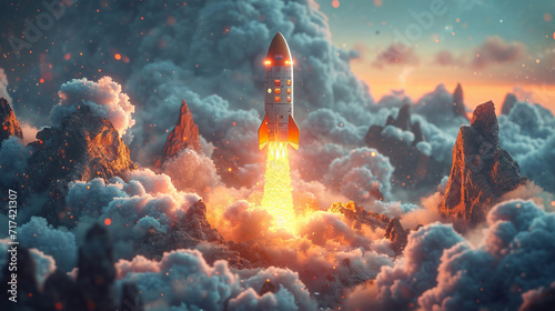 A space shuttle soaring through a mystical cloud-covered landscape, evoking wonder and discovery, is AI Generative. photo