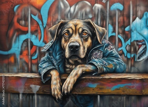 Colorful graffiti artwork of brown and black mutt mixed breed dog wearing graffiti jeans jacket and tattoos, waiting on an urban fence also covered in splashes of paint.