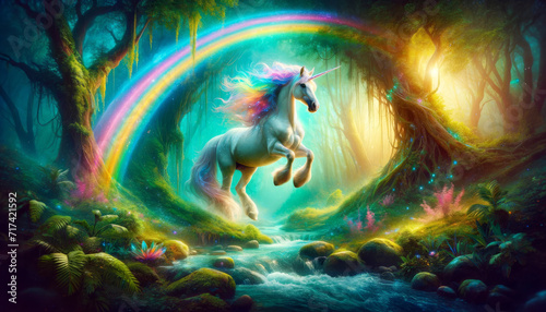 Mystical Unicorn in Enchanted Forest. Description: A unicorn leaping across a rainbow in a magical forest setting.