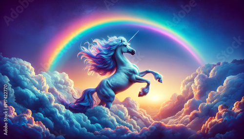 Rearing Unicorn under Rainbow Arc. A proud unicorn rears under a brilliant rainbow arc among fluffy clouds. © AI Visual Vault