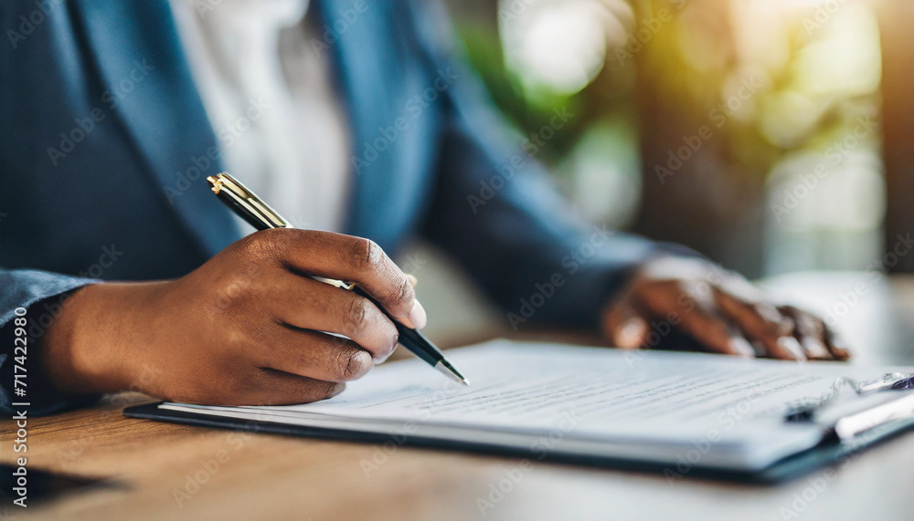 black woman signing insurance agreement during a meeting with agent, symbolizing trust, security, and financial empowerment black woman signing insurance agreement during a meeting with agent, symbolizing trust, security, and financial empowerment
