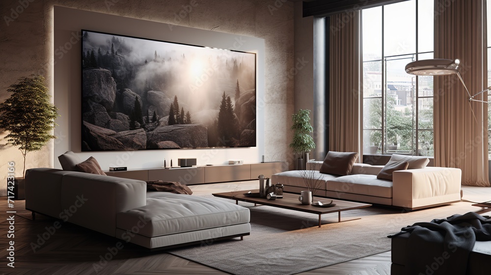 Fototapeta premium Interior of modern living room with white and brown walls, wooden floor, white sofas and tv on the wall