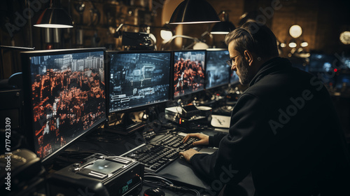A security analyst intently works at a multi-monitor workstation, analyzing detailed surveillance data in a dark room. 