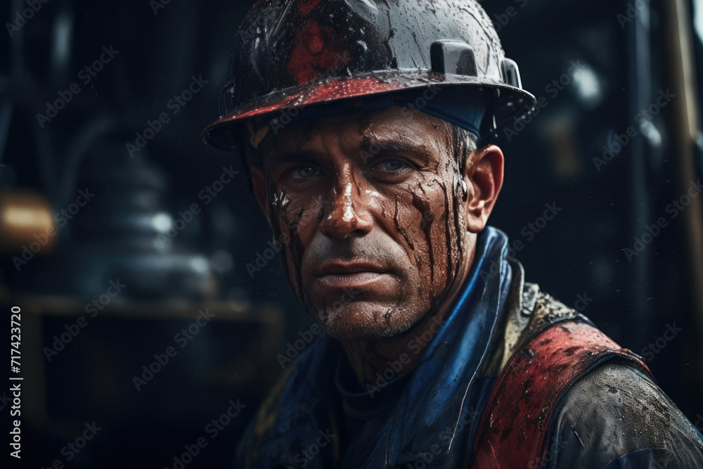 photograph of an oil worker wearing a hard hat on a drilling rig with his face stained with oil. Hard work extracting oi photograph of an oil worker wearing a hard hat on a drilling rig with his face stained with oil. Hard work extracting oi